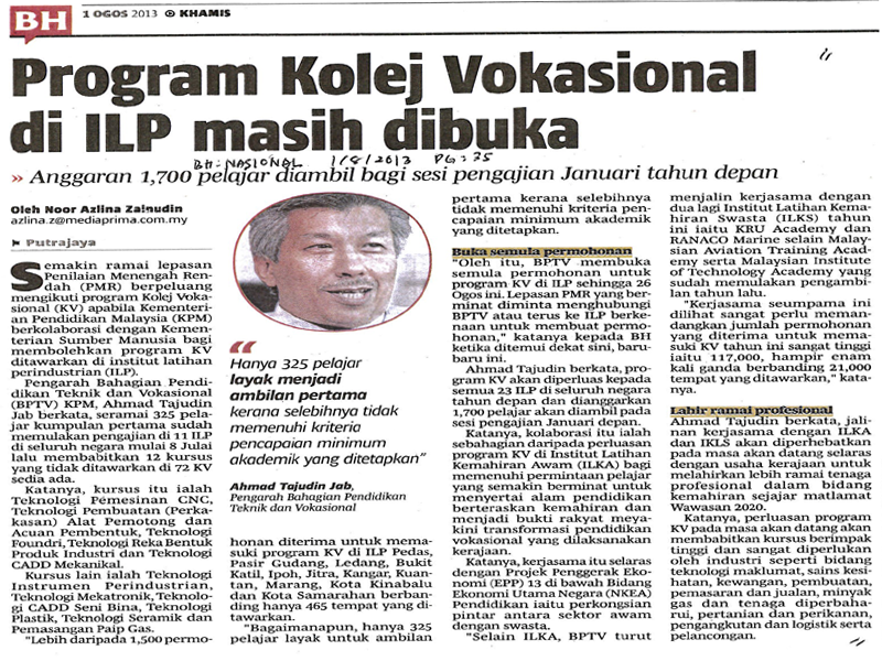 Program Kolej Vokasional Di ILP Masih Di buka