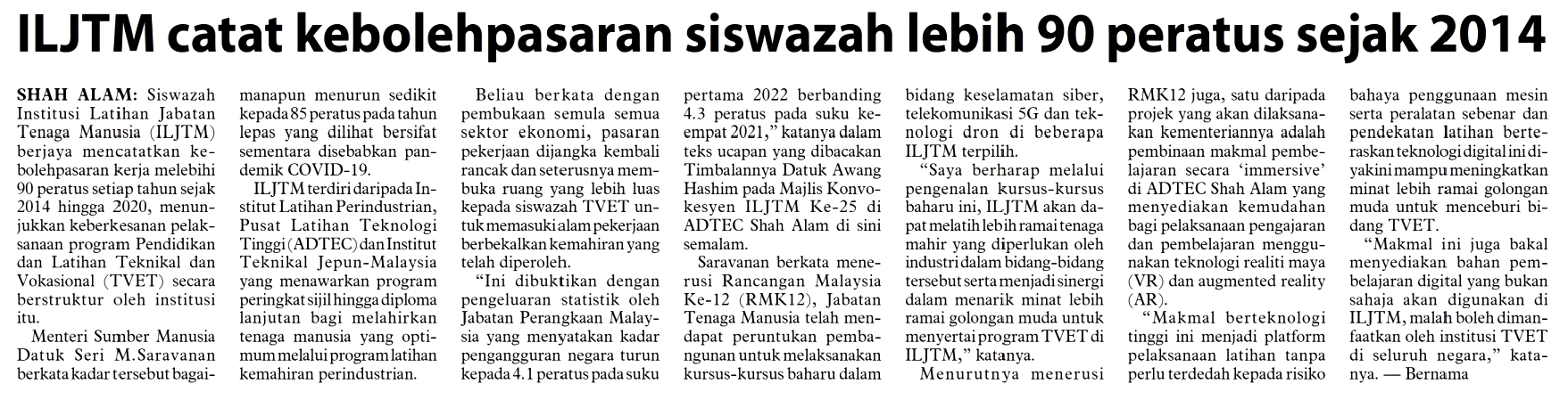 ILJTM catat kebolehpasaran siswazah lebih 90 peratus sejak 2014